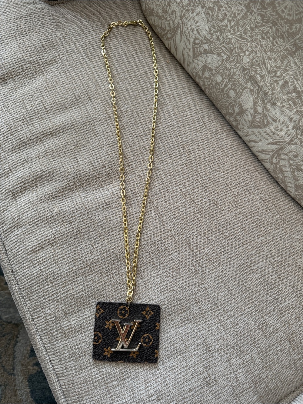 Repurposed Gold Chain Belt with Brown Monogram Pendant